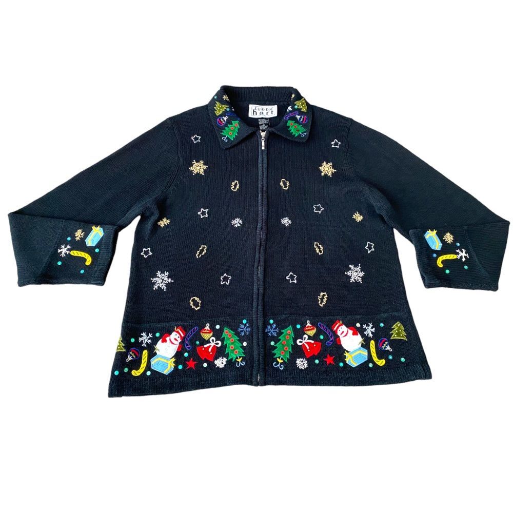 Keren Hart Vintage Embroidered‎ Christmas Zip Up Black Cardigan, Size Large